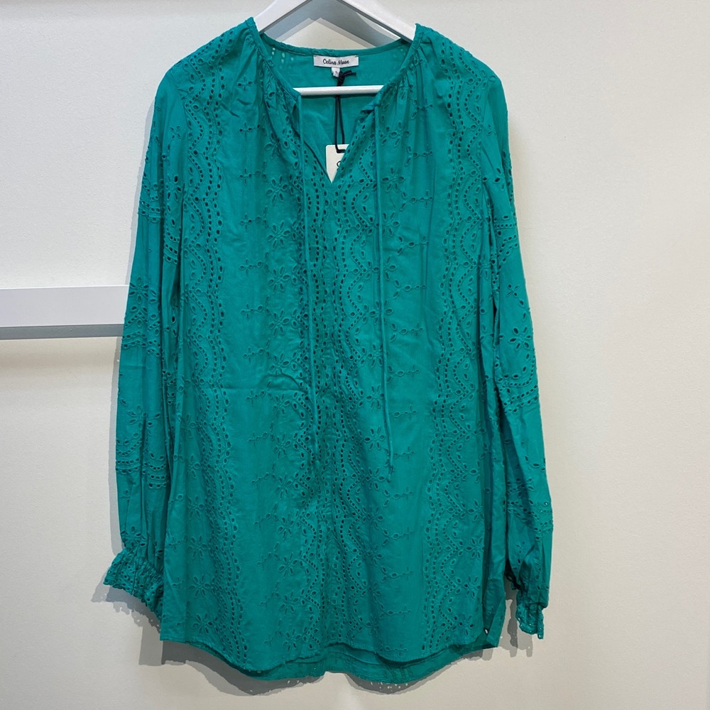Celina Moon Teal Eyelet Blouse